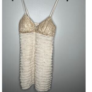 Rue 21 Y2K Ivory Gold Sequin Strappy Bodycon Babydoll Soft Girl Mini Dress M